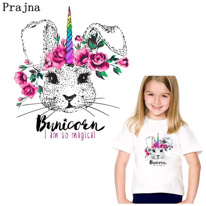 

Prajna Cartoon Rabbit Unicorn Iron On Heat Transfers Rainbow Stickers Iron On Patches Summer Style Badges On Kids T-shirt DIY