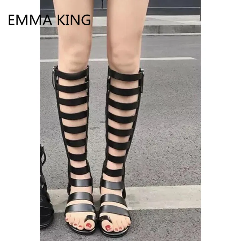

Rome Style Black Women Knee High Gladiator Sandals Open Toe Cutout Casual Ladies Flats Shoes Woman Summer Roman Sandals Boots