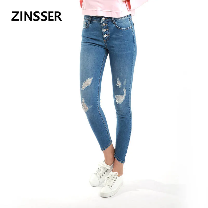 

Autumn Winter Women Denim Skinny Pants Stretch Destroyed Medium Waist Button Fly Washed Blue Slim Elastic Ripped Lady Jeans