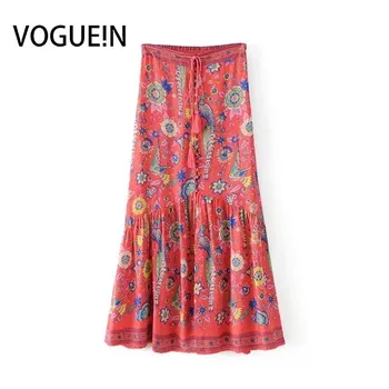 

VOGUE!N New Womens Ladies Vintage Peacock Floral Print Elastic Waist Tie Button Maxi Skirt