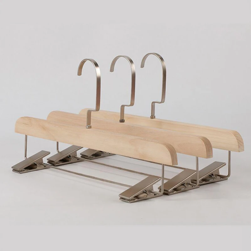 12 Pcs Environmental No Painting Wooden Pants Trousers Hanger with Black/ Matte Clips, Natural Healthy Wood Skirt Bottom Hangers