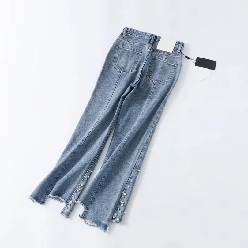 Высокая Талия бисером джинсы Для женщин Step Hem прямой крой брючин лодыжки джинсы брюки