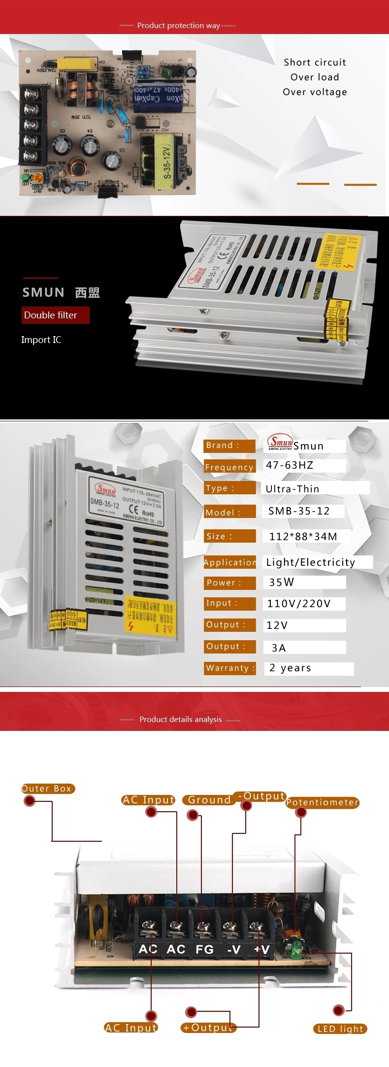 SMUN SMB-35-12 35 Вт Ультра тонкий тип одиночный выход импульсный режим питания 12 В 3A тонкий светодиодный драйвер