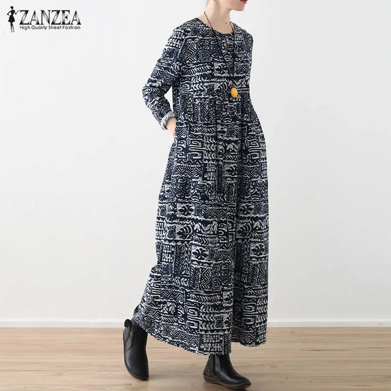 

Autumn Linen Dress Women's Printed Sundress ZANZEA 2019 Casual Long Sleeve Maxi Vestidos Kaftan Female Pleated O Neck Robe Femme