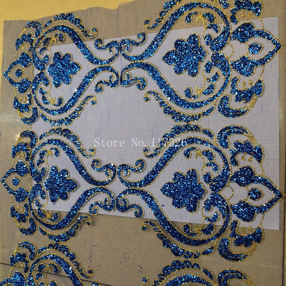 

Top selling in blue and gold JRB-61801 sparklyt french net fabric with glued glitter sequins for sexty dress decoration