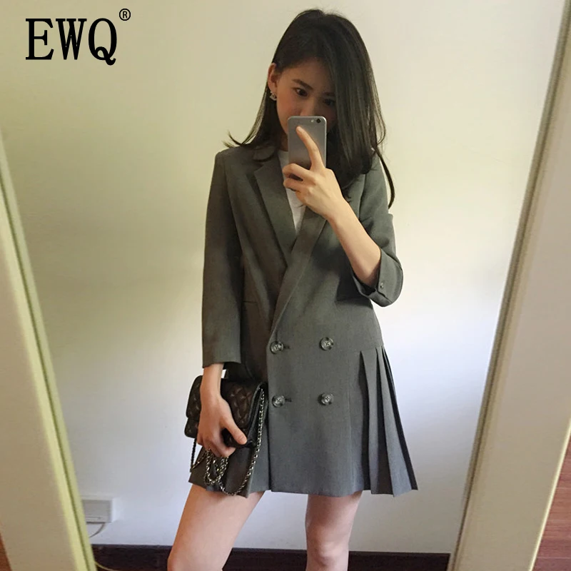 

[EWQ] 2019 spring autumn new v-collar three quarter sleeve solid colors patchwork double breasted casual dress women AF302