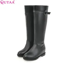 QUTAA/ г. Модные женские сапоги до колена Универсальные женские сапоги на молнии из искусственной кожи на танкетке с круглым носком размер 34-43
