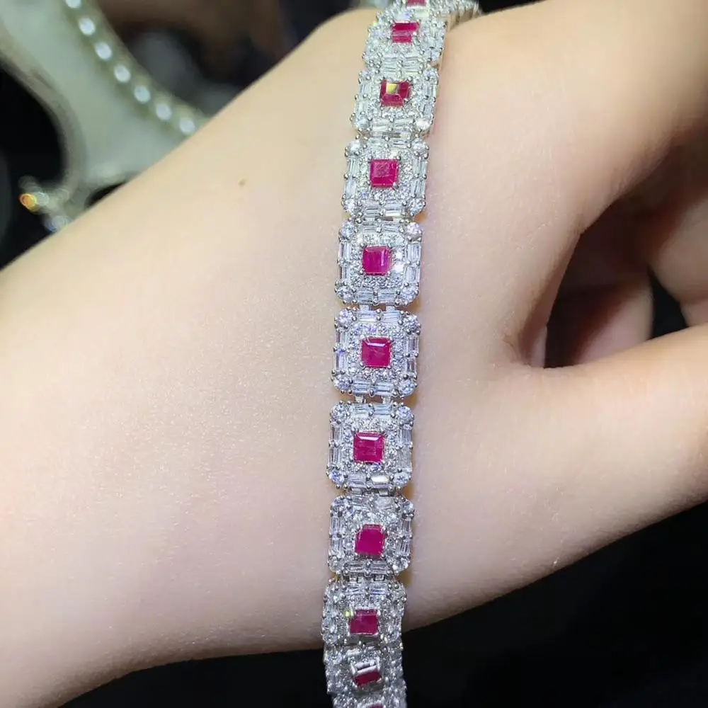  Élégant belle simple carré naturel rouge rubis gemme Bracelet naturel pierre gemme Bracelet 925 arg