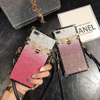 

Fashion Phone Case For Samsung Galaxy S10 S9 S8 Plus S10e Note 9 8 Back Cover Rivet Square Bling Gradient Glitter Lanyard Case