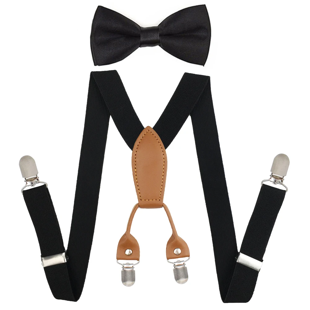 Soild Color Children Belt Bowtie Set Baby Boys Girls Suspenders 4 Clip-on Y-Back Braces Bow Tie Elastic Kids Adjustable