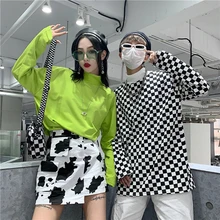 BF Harajuku, новинка, большой размер, свободная, повседневная, модная, женская, водолазка, в клетку, с длинным рукавом, хип-хоп стиль, индивидуальная, хлопковая футболка, топы, футболки