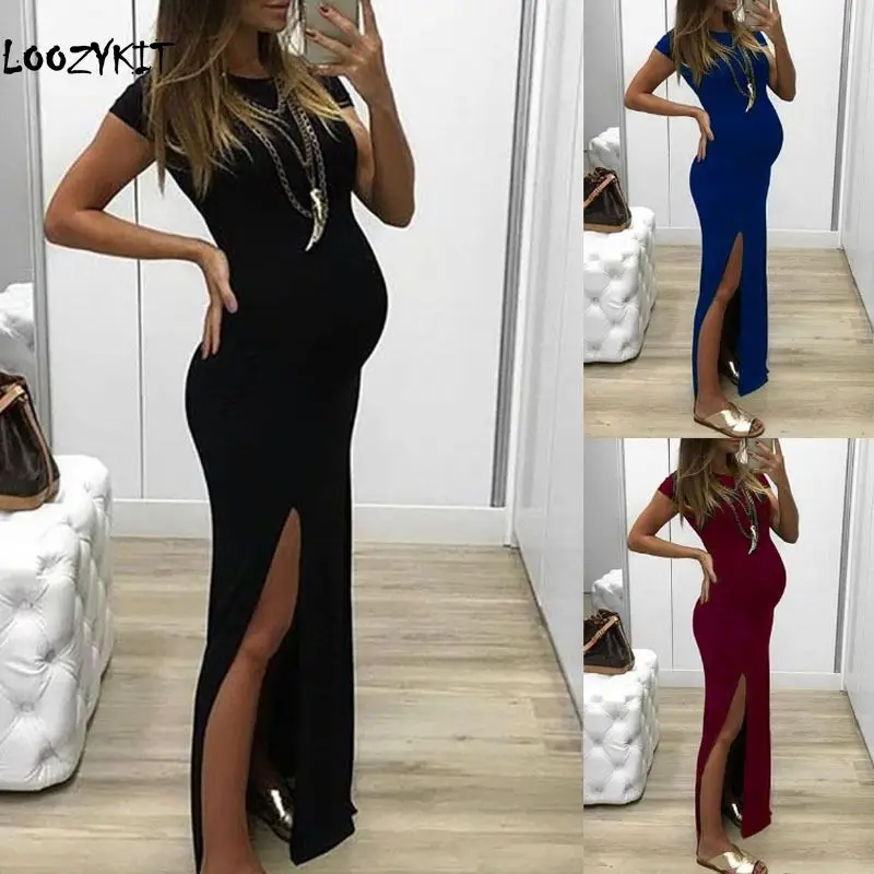 

Loozykit Fashion Women Dress Solid Tight-fitting Long Pregnant Dresses Short Sleeve Open Fork Maternity Dress Maternity Dresses