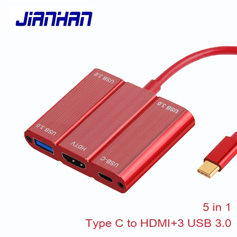 

5 in 1 Type C to HDMI 3 USB 3.0 Hub Adapter for MacBook Samsung Galaxy S9 Huawei P20 Pro Charger USB HUB HDTV USB C Cable Data