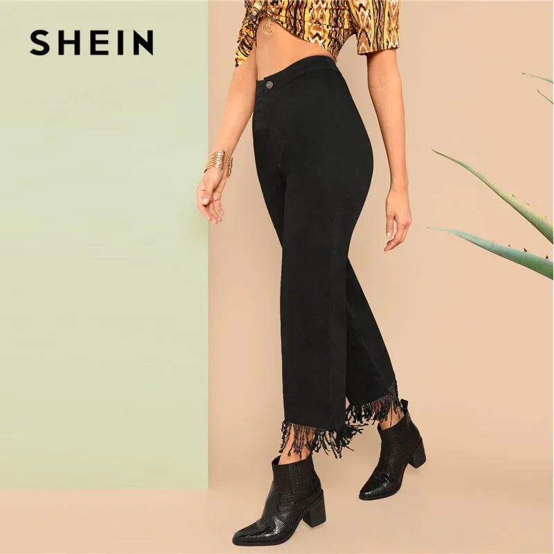 SHEIN SHEIN Однотонные Расклешенные Брюки С Бахромой Женские Повседневные Брюки, Винтажные Брюки С Поясом