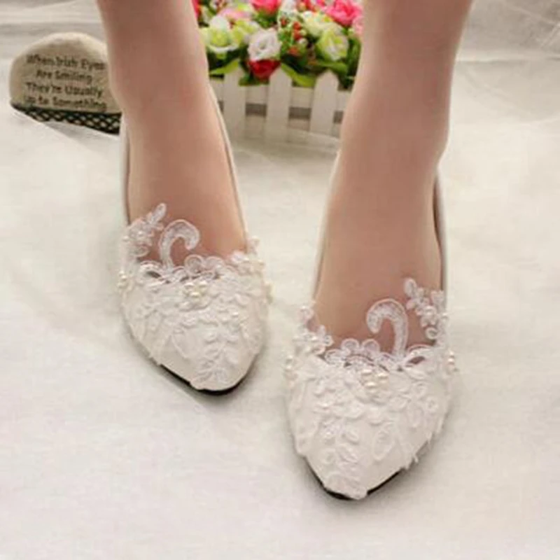 

Handmade White Lace Pearls Women Wedding Shoes Custom Heel Sexy Slip ON Bridal Shoes Pointed Toes Big Size
