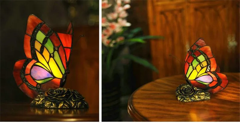 Витражный цветной маленький цветок Tiffanylamp Милая бабочка декоративный ночной Светильник детский светодиодный ночной Светильник для детей