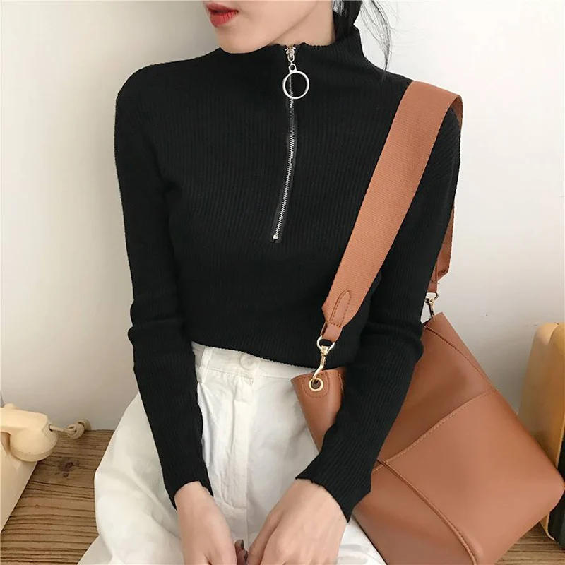 

Zipper Circular Ring Turtleneck Autumn Winter Sweaters Womens Pullover Solid Jumper Elastic Knitted Sweaters Female Tops 8L1374