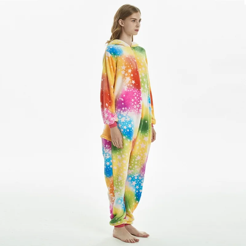 2018 зима Радуга звезды Единорог Onesie для взрослых женщин мультфильм кигуруми