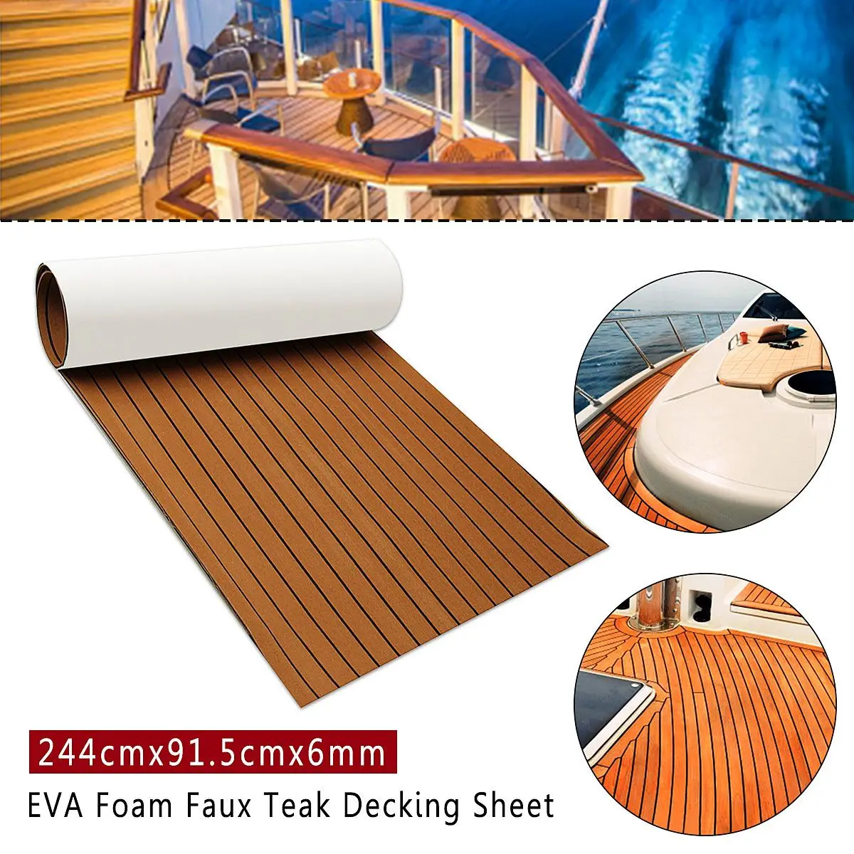 

244x91.5cm 6mm Marine Boat EVA Foam Teak Sheet Yacht RV Floor Self Adhesive Synthetic Decking Foam Floor Mat Carpet Brown