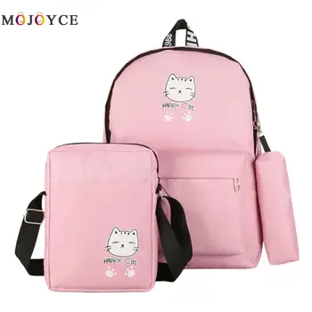 

3pcs/Set Preppy Style Backpack for Teenager Girls Cartoon Cat Print Schoolbag Travel Canvas Backpack Mochila