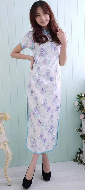 1 шт./лот Plum Цветок Пион печати Cheongsam китайских женщин Qipao платье длинный отрезок высокого щель Cheongsam - Цвет: blue
