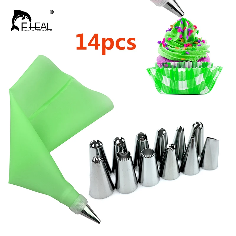 

FHEAL 14pcs/set Icing Piping Cream Pastry Bag+Stainless Steel Nozzle Set Dessert Decorators Converter Tips Cake Decorating Tools