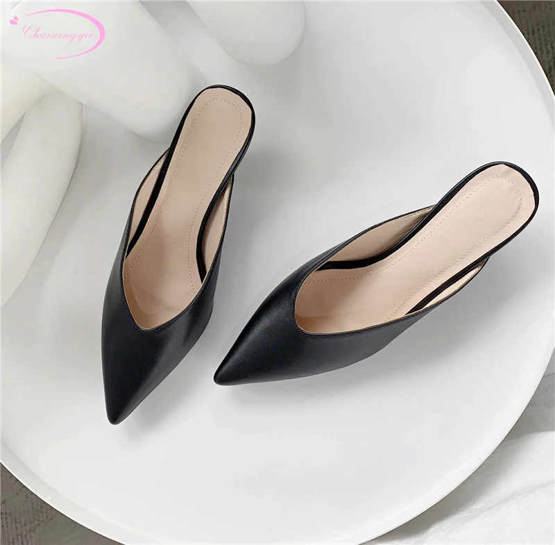 

Chinese simple style genuine leather sexy pointed toe summer mule shoes slippers slip-on cowhide medium with women's shoes