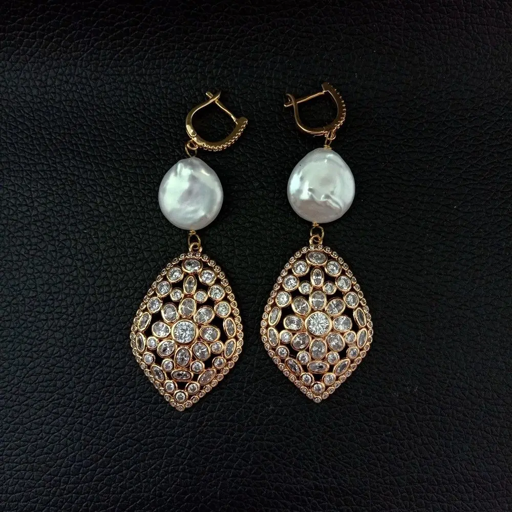 

3.1'' White Coin Pearl Golden Plated CZ Earrings