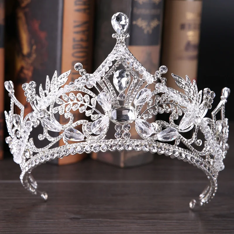 Comprar Corona de novia de hoja de cristal de Europa de lujo tocado de cristal de diamantes de imitación de novia Tiaras de novia accesorios para el cabello de la corona de la boda BH