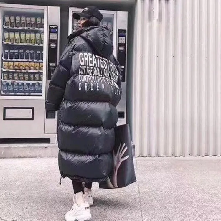 

women winter letter print black yellow purple maxi long duck down coat ladies warm plus size loose long down coat 2018