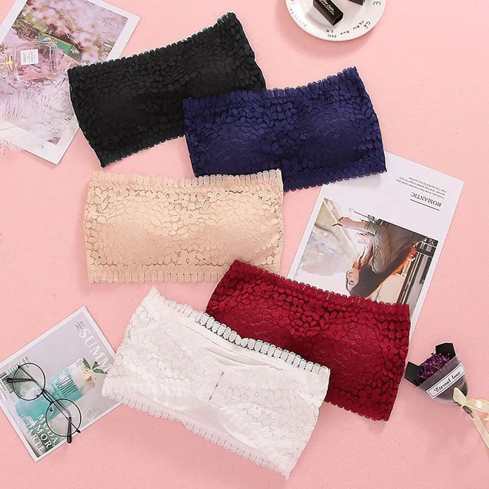

2019 New Sexy Lace Floral Wrapped Chest Strapless Crop Tops Women Padded Tube Tops Ladies Bra Tops 5 Colors