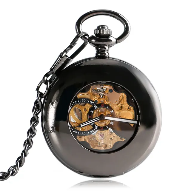 Classic Black Smooth Mechanical Automatic Self-wind Pocket Watch Skeleton Luxury Classic Black Smooth Mechanical Automatic Self-wind Pocket Watch Skeleton Luxury