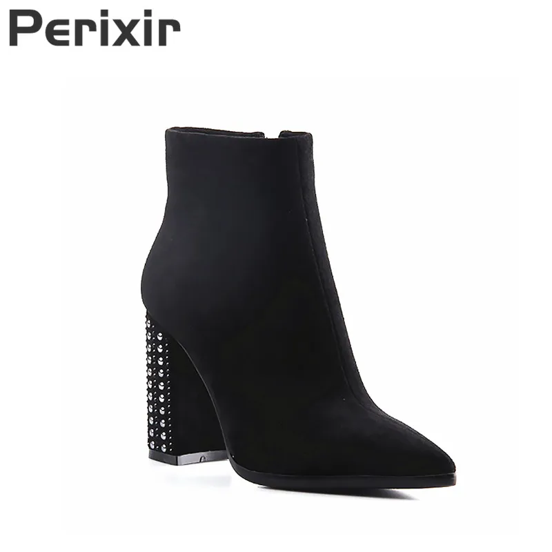 

Perixir Black Suede Ankle Boot High Heel Short Plush Black Boots Solid Zip with Rivets Autumn Winter Faux Suede Sexy Ladies Shoe