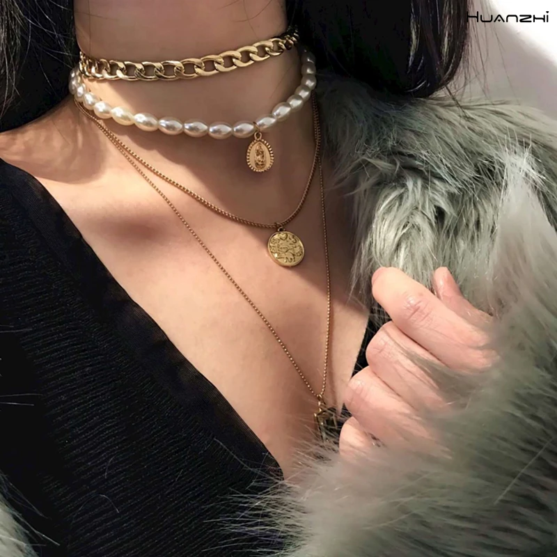 

HUANZHI 2019 New Fashion Gold Color Multilayer Coin Chains Pearl Necklaces Geometric Crystal Pendants Gold Necklaces for Women
