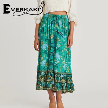 

Everkaki Vintage women Hippie green floral print beach Bohemian pleated skirt High Elastic Waist Maxi A-Line Boho Skirt Female