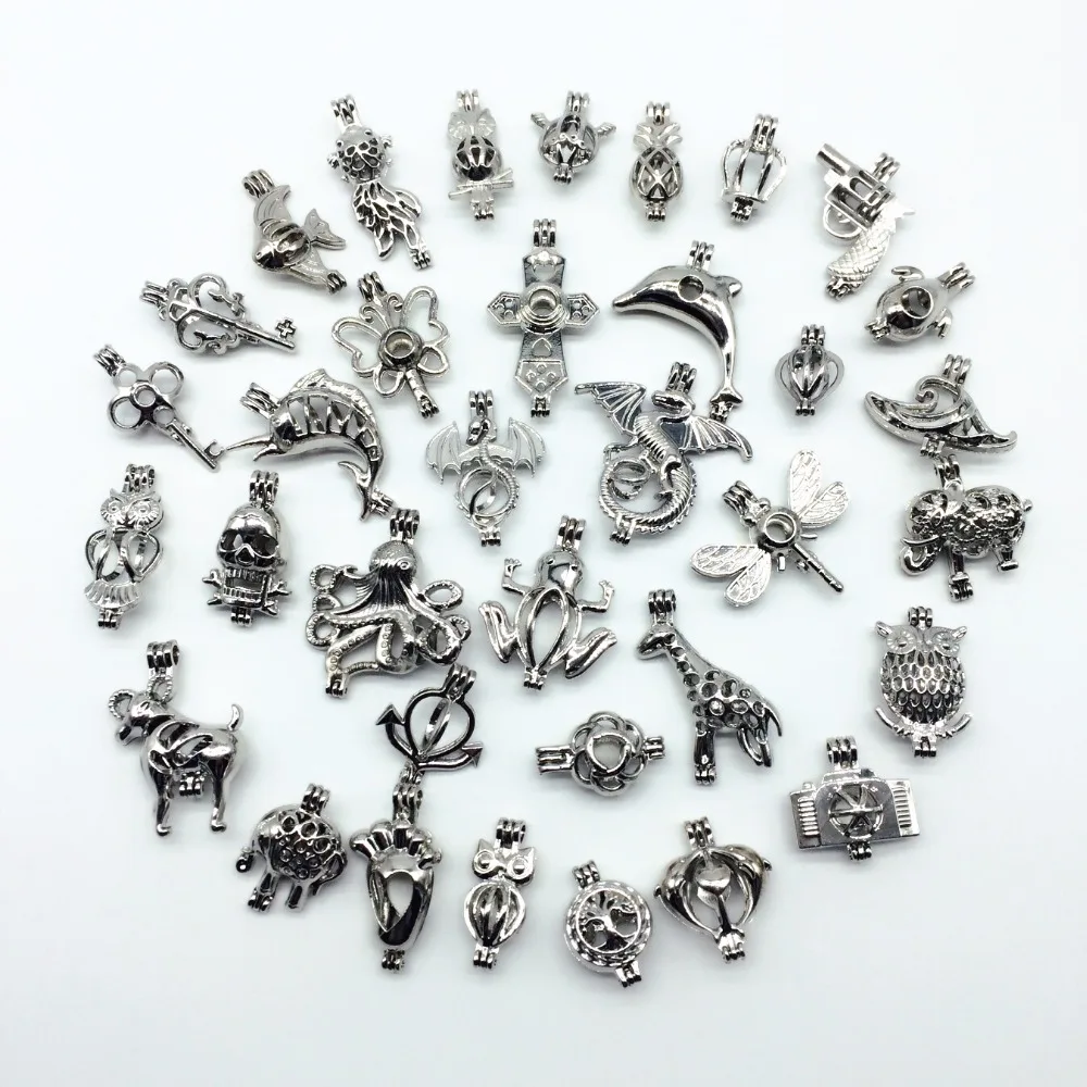 

35pcs Dark Silver Mix Design Necklace Bracelet DIY Jewelry Making Trendy Pearl Cage Locket Pendant Perfume Diffuser Women Gift