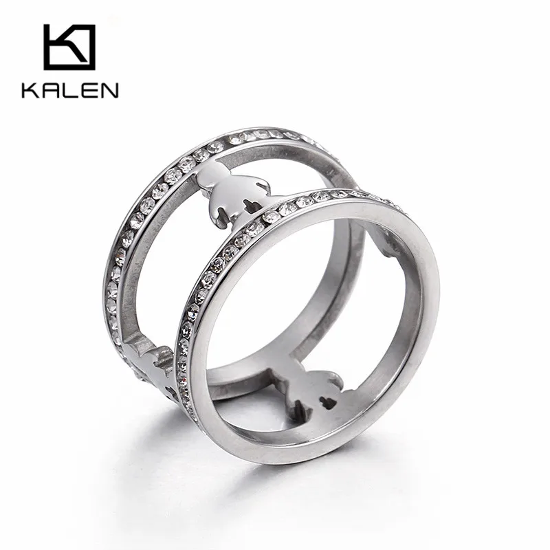 Kalen Stainless Steel Silver Cute Cartoon Boys Rings For Women High Quality Rhinestone Party Rings For Girls Friendship Gifts