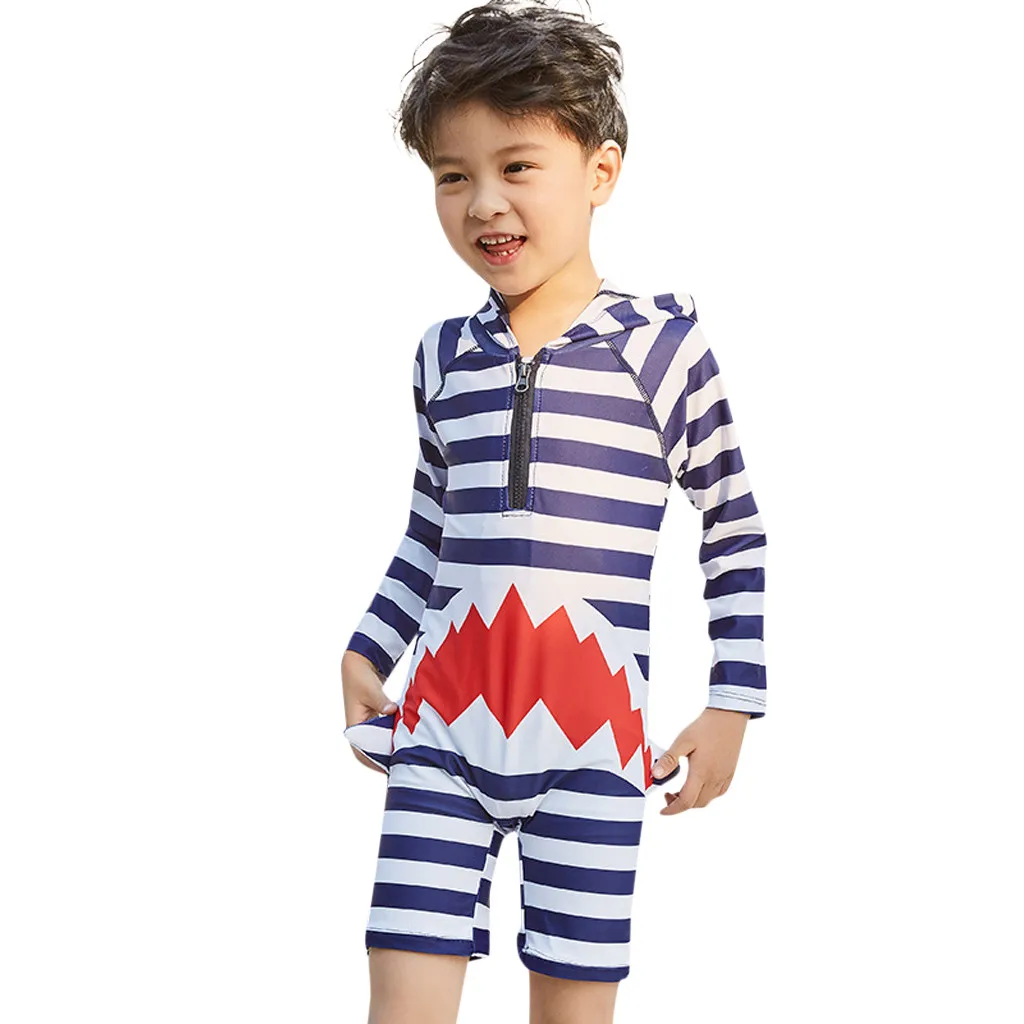 New summer bathing suit Boys Long Sleeve Conjoined Boxer Shark Print Swimsuit Hooded Sunscreen Swimwear 30