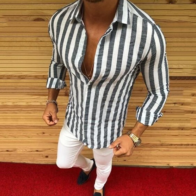 جديد أزياء رجالي مخطط بدوره dowm طوق قميص الذكور طويلة الأكمام قميص قمم الملابس 4 ألوان Bigsweety