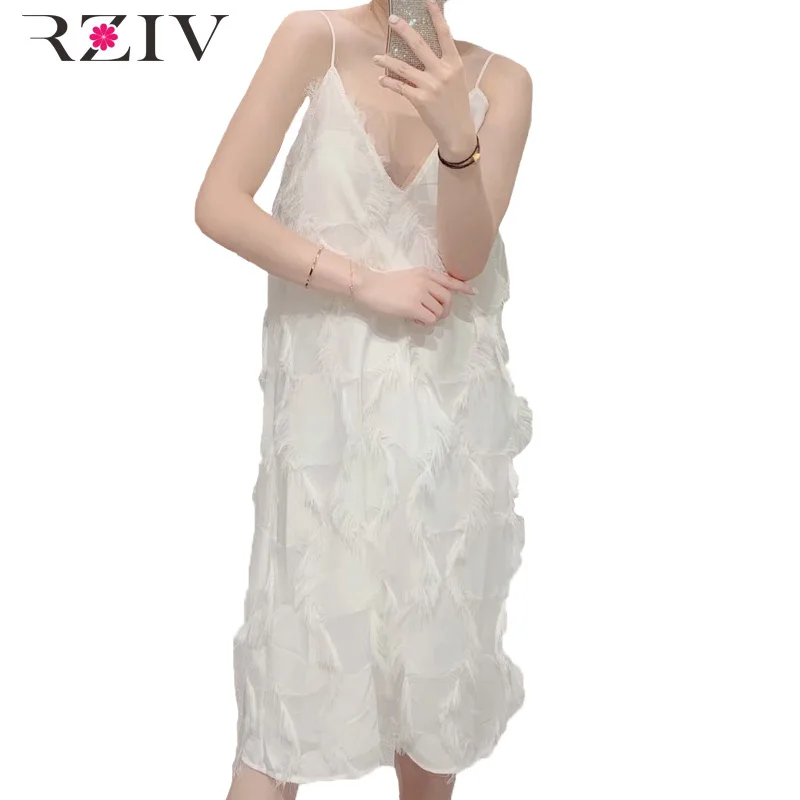 

RZIV Summer White Women's Dress Casual Solid Color Tassel Decorative Sling Dress Vestidos