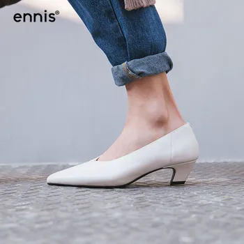 

ENNIS 2019 NEW Autumn Genuine Leather Women Pumps Pointed Toe Med Heels Fashion Ladies Pumps Black Beige Shallow Shoes P946