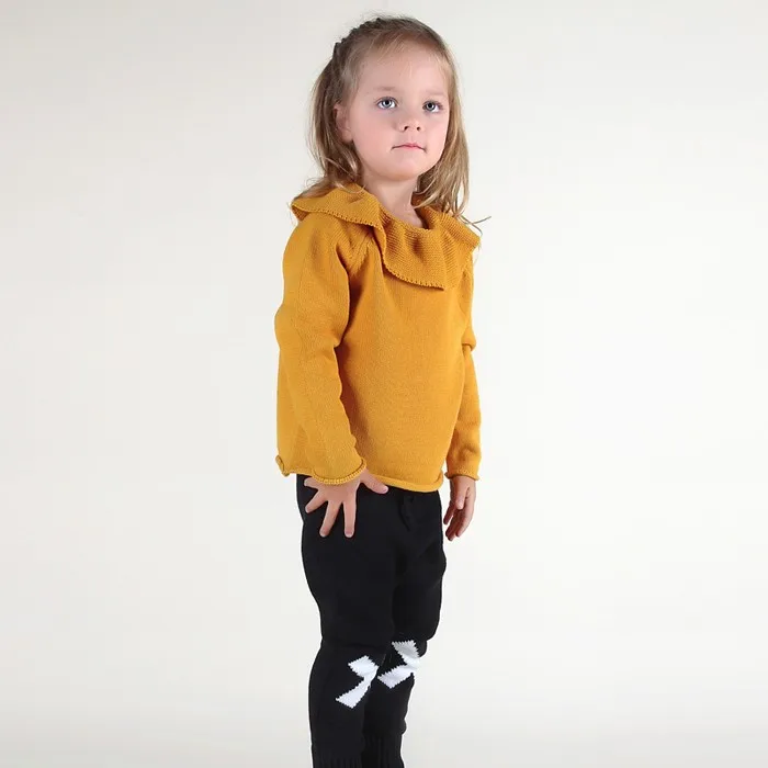 Детский свитер для девочек, свитер с воротником в виде листа лотоса, желтый Зимний вязаный свитер, милая одежда для маленьких девочек, свитер