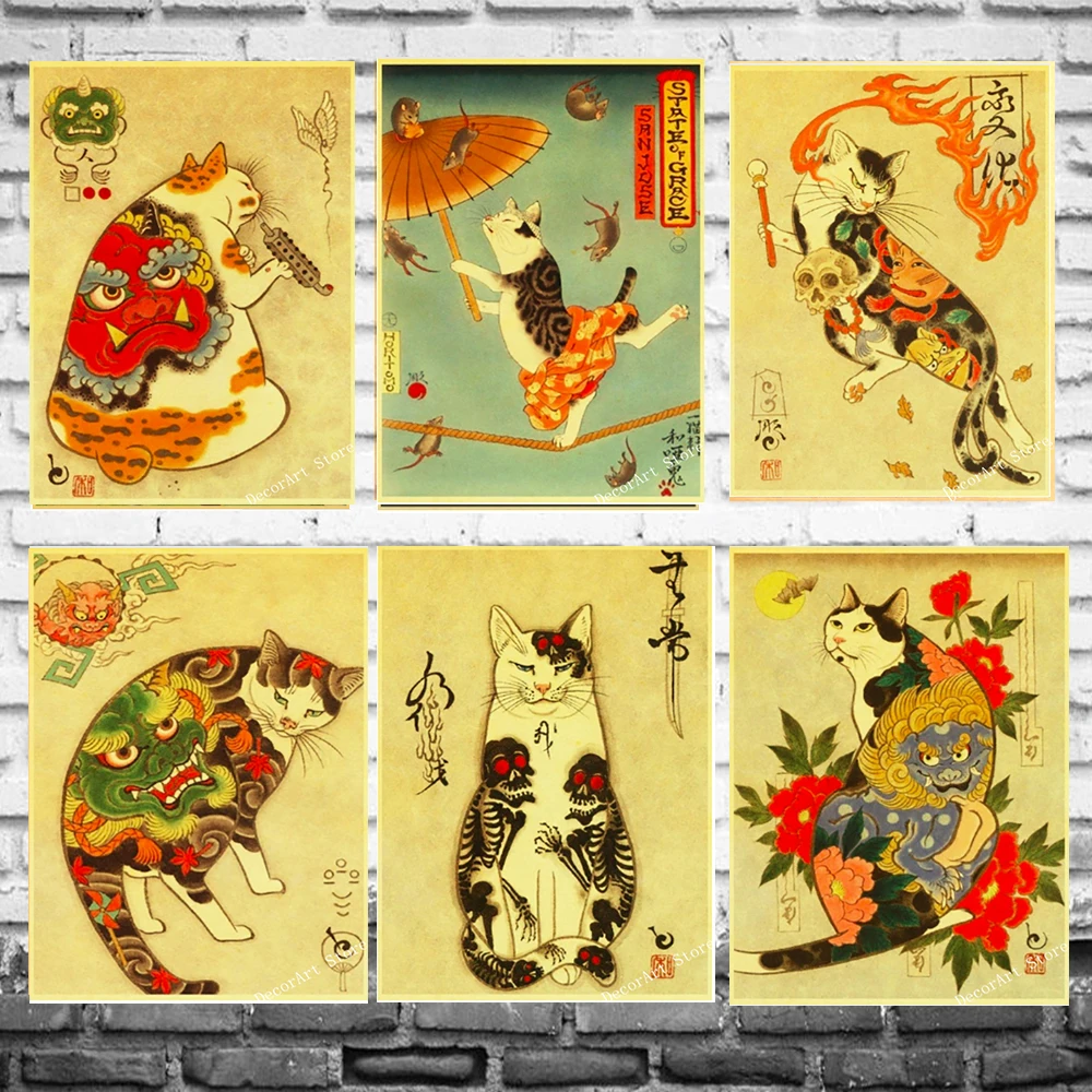 

Art Japan Samurai Cat Ukiyo-e Kitty Canvas Painting Vintage Wall Kraft Poster Coated Wall Stickers Pictures Home Decoration Gift