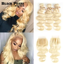 Black Pearl 613 Blonde Bundles With Closure Malaysian Body Wave Remy Human Hair Weave 613 Honey Blonde Bundles With Closure