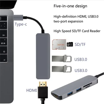 

New 5 In 1 Type-C Hub USB-C to 4K HDMI USB 3.0 SD TF Card Reader Adapter for MacBook