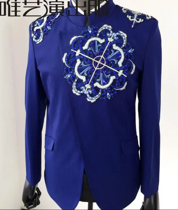 Одежда со стоячим воротником мужские дизайнерские костюмы платье homme terno сценические костюмы певцы куртки мужские Блейзер с блестками танцевальный звездный стиль синий