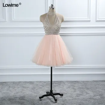 

Sexy Short Tulle Cocktail Dresses 2019 With Crystal And Pearls Backless High Neck Evening Prom Party Gowns Vestido De Festa