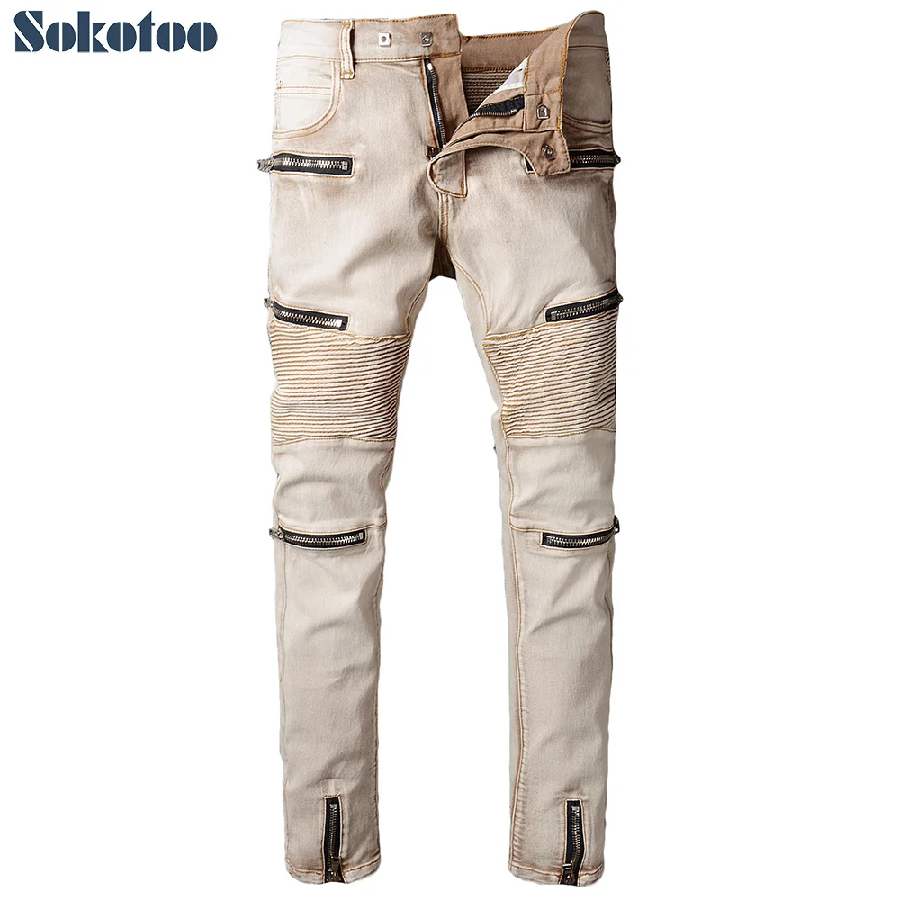 

Sokotoo Men's khaki zippers pleated biker jeans for motorcycle Casual slim stretch denim pants