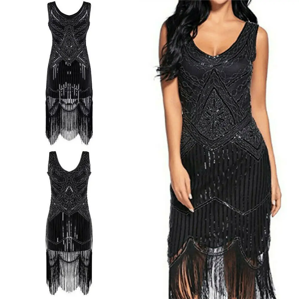 

Gatsby Flapper 1920s Beaded Vintage Fringe Women Sexy Sequined With Tassels Costumes Sleeveless Bodycon Party Dress