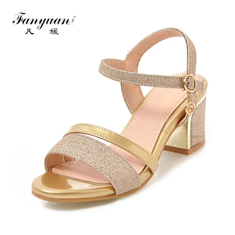 

fanyuan 2019 new arrival sequined cloth women sandals fashion party wedding shoes comfortable square heels shoes big size 33-43